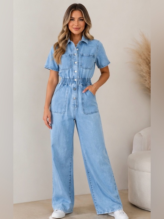 Forever 21 Pants - Forever 21 Light Blue Wide-Leg Button Front Short Sleeve Denim Jumpsuit Y2K XS